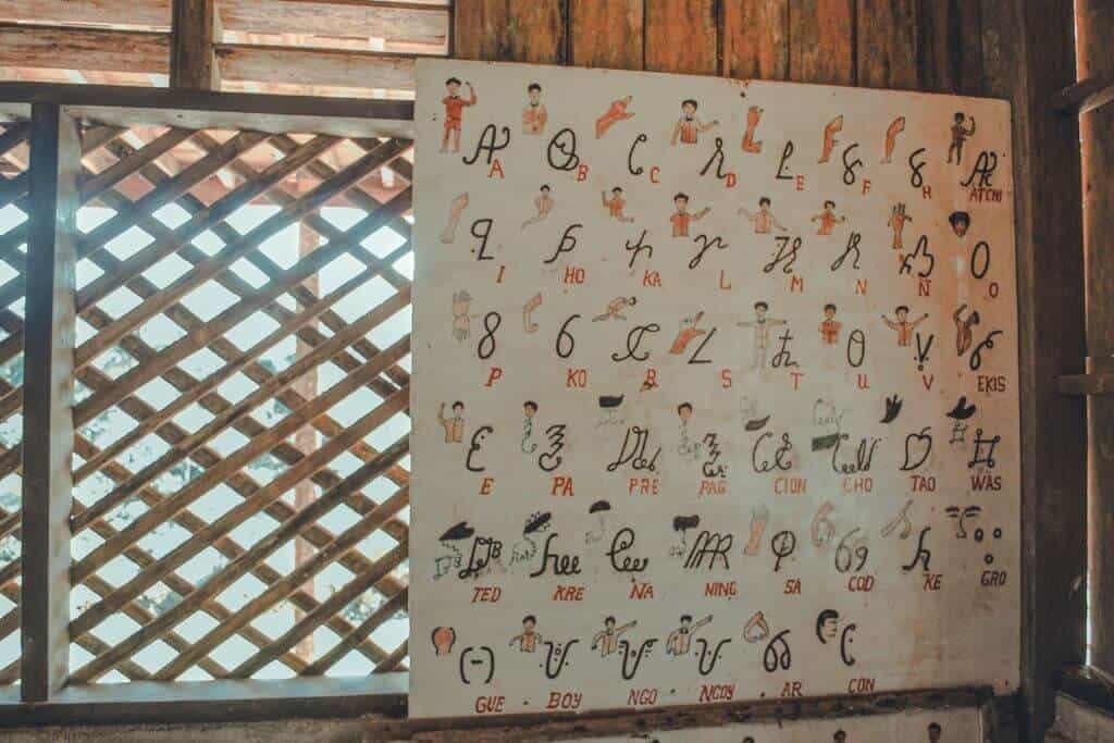 Wooden interior with a large illustrated chart displaying traditional Eskaya writing symbols, drawings of people demonstrating signs.