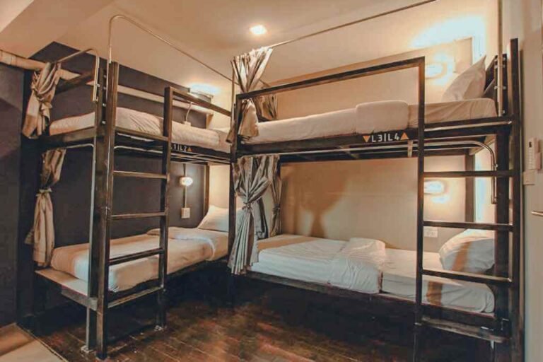 Bunk beds in a hostel dorm room in Chiang Mai Old City — where to stay in Chiang Mai for budget travelers